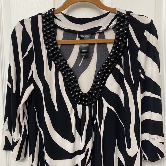 Bisou Bisou Beaded Zebra Print Dress Plunge Neckline Size 8 - Picture 2 of 8